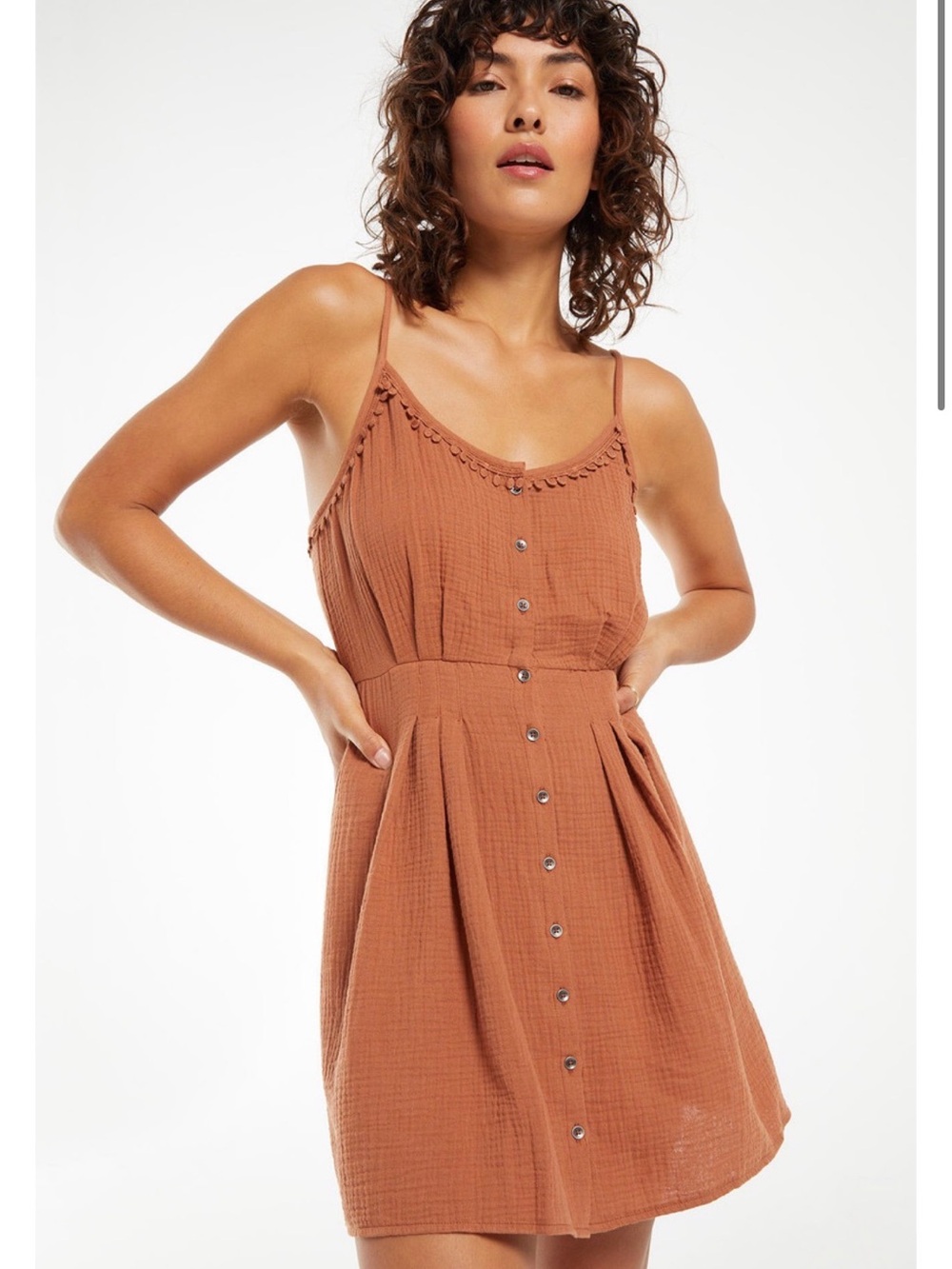 Z Supply Rust Button-Front Mini Dress with Spaghetti Straps